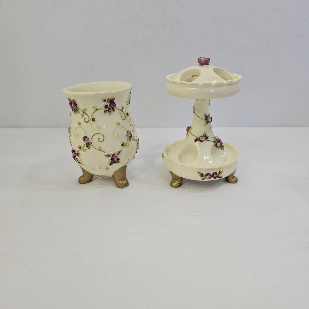 VTG Wamsutta Springs Bath RM Cup & Tooth Brush Holder -Hand Painted Floral/Vines